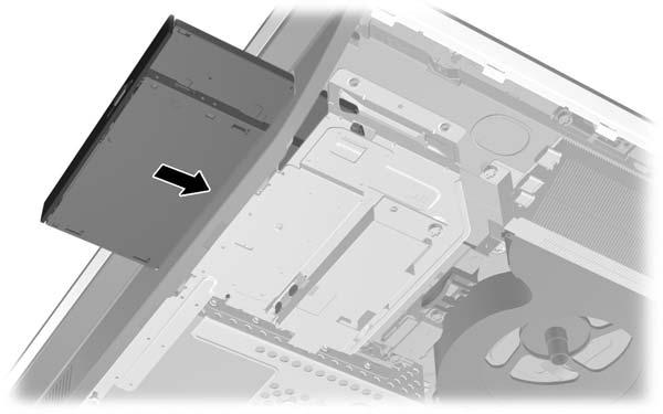 10. Placera den nya optiska diskenheten i linje med öppningen i sidan av datorn. Tryck enheten på plats med fast hand (det ska höras ett knäpp). OBS!