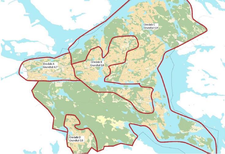 Figur 2 - Nacka Kommuns områden för grundtal (Orminge markerat med svart cirkel). Lägesbaserat parkeringstal beror av hur tillgången till kollektivtrafik och serviceverksamheter ser ut.