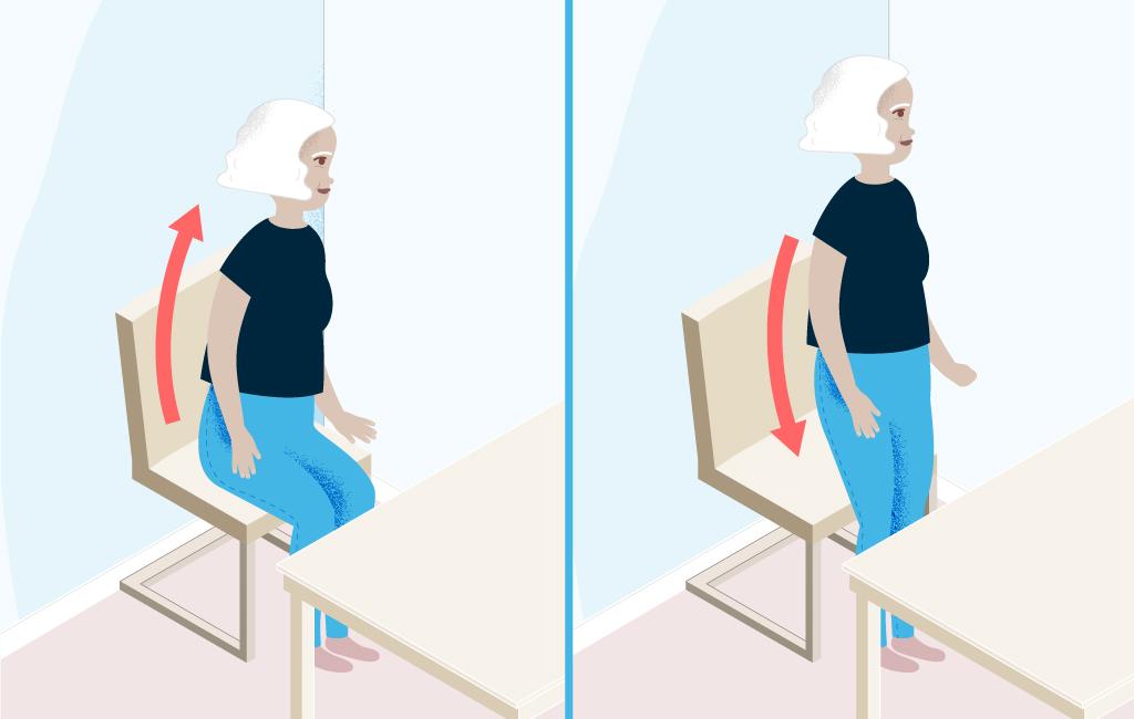 Ställ en stol mot väggen så att den inte kan åka bakåt när du sätter dig ner. Vid behov, placera ett bord eller en rollator framför dig.