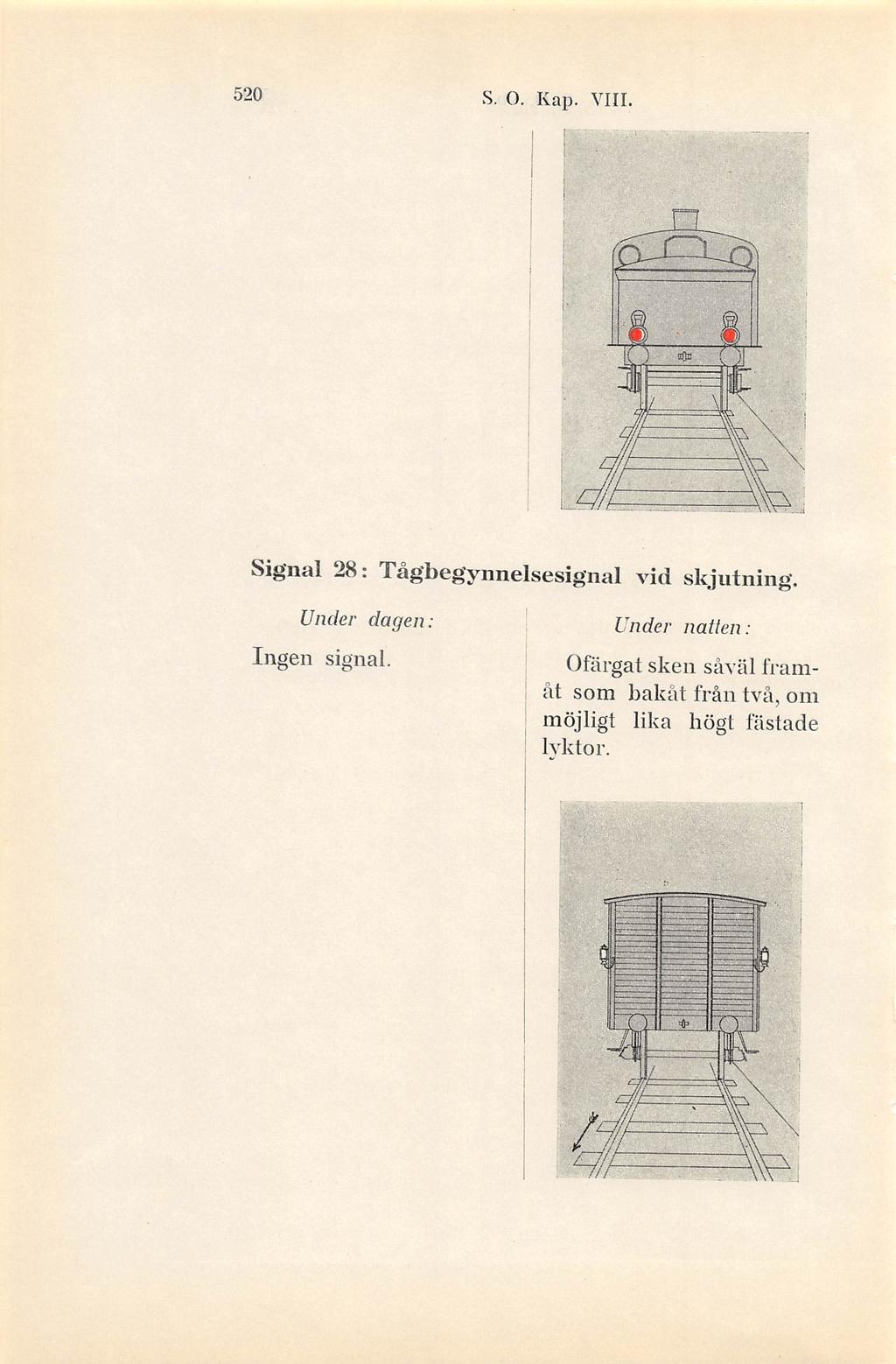 520 S. O. Kap. VIII. Signal 28: Tågbegynnelsesignal vid skjutning.