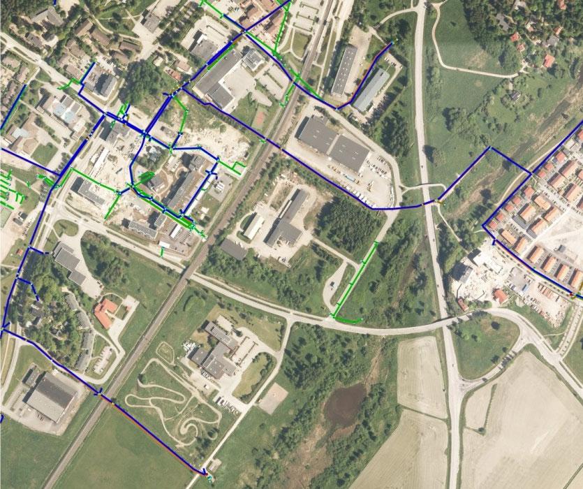 Kyrkslätts kommun 14 Bild 10. Vatten- och avloppssträckningar i planeringsområdet och i dess näromgivning (blå linjer för vattenledningsnätet och gröna linjer för dagvattennätet). Bild 11.