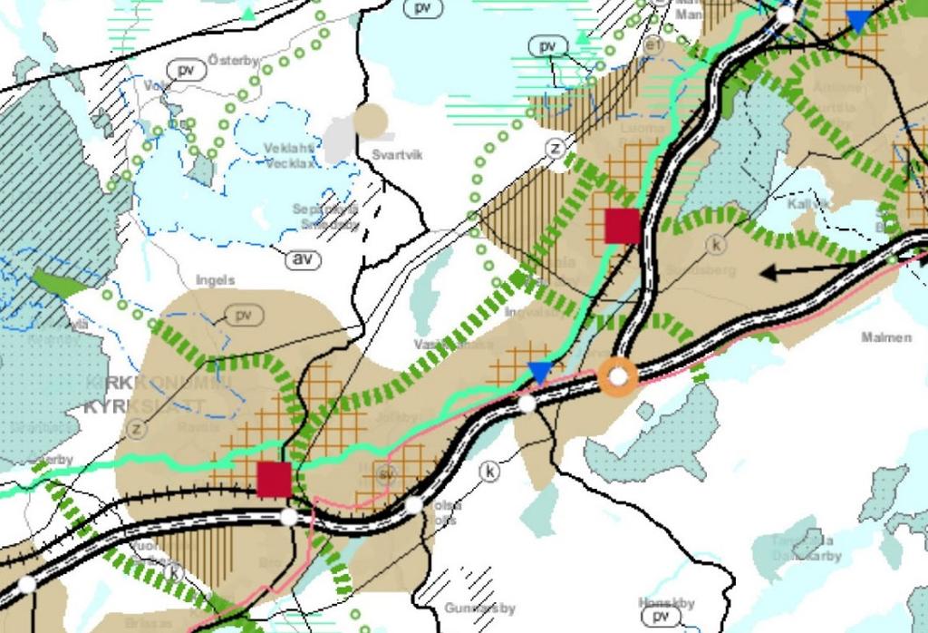Kyrkslätts kommun 18 Bild 14. Utdrag ur kartsammanställningen av de fastställda landskapsplanerna i Nyland 2014. Planområdets ungefärliga läge har markerats med en röd cirkel.