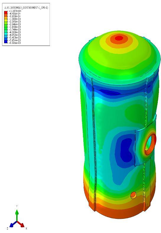 Figur 42 Radiell förskjutning under trycktestet, skalfaktor 400. (enhet: m) Maximal radiell deformation är ca 6,5 mm i området intill den stora transportgenomföringen.