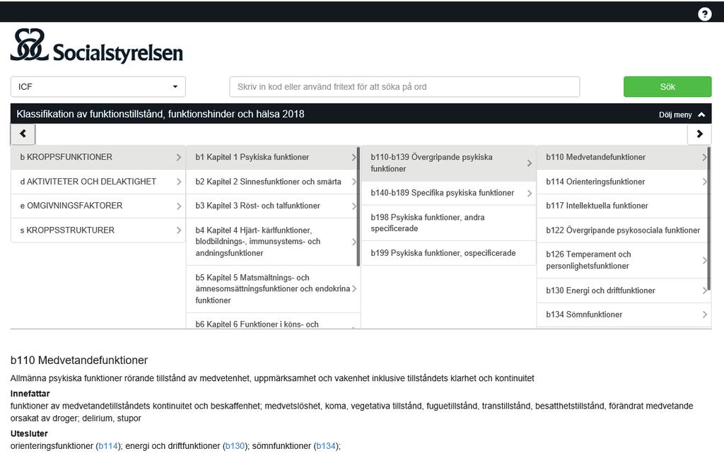 Möjlighet finns att söka i klassifikationer ICF