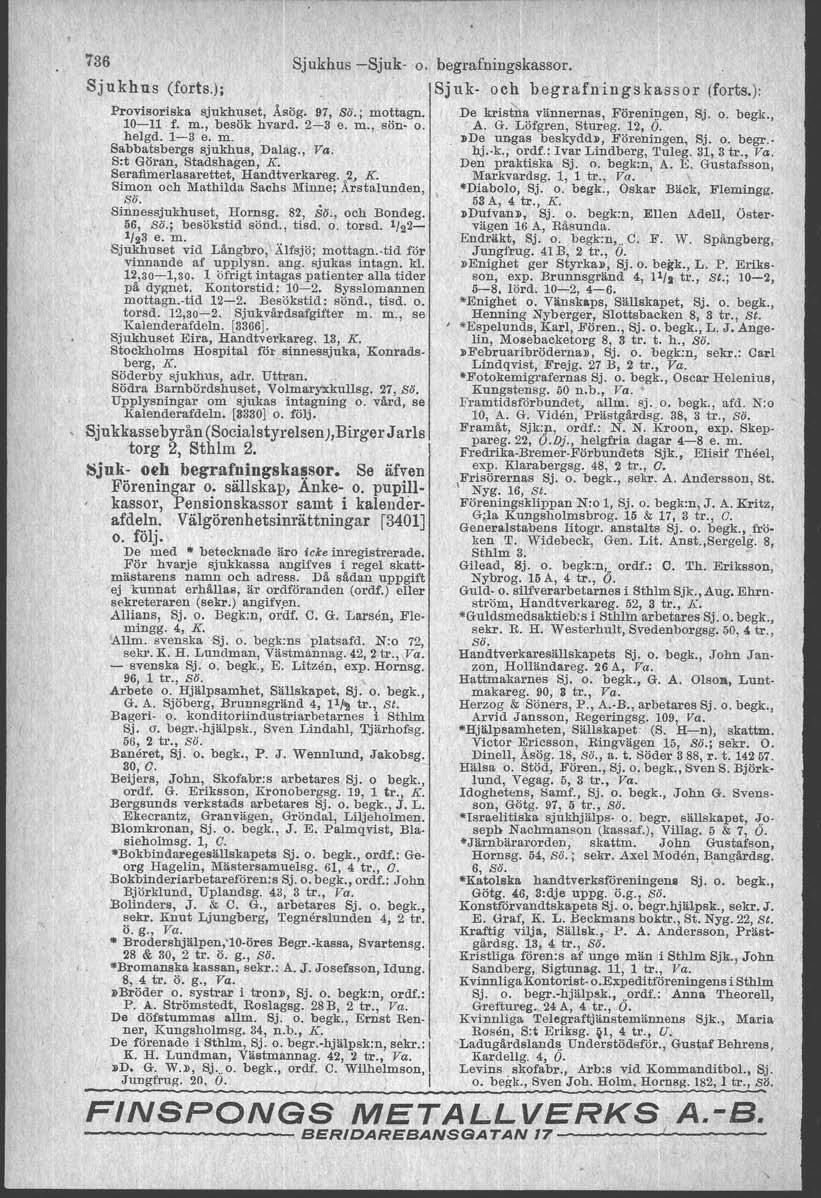 736 Sjukhus (forts.); Sjukhus -Sjuk o. begrafningskassor. Sjuk- och begrafningskassor (forts.): Provisoriska SjUkhus~t, Ås6g. 97, ss.; mottagn. De kristna vännernas, Föreningen, Sj. o. begk., 10-11 f.