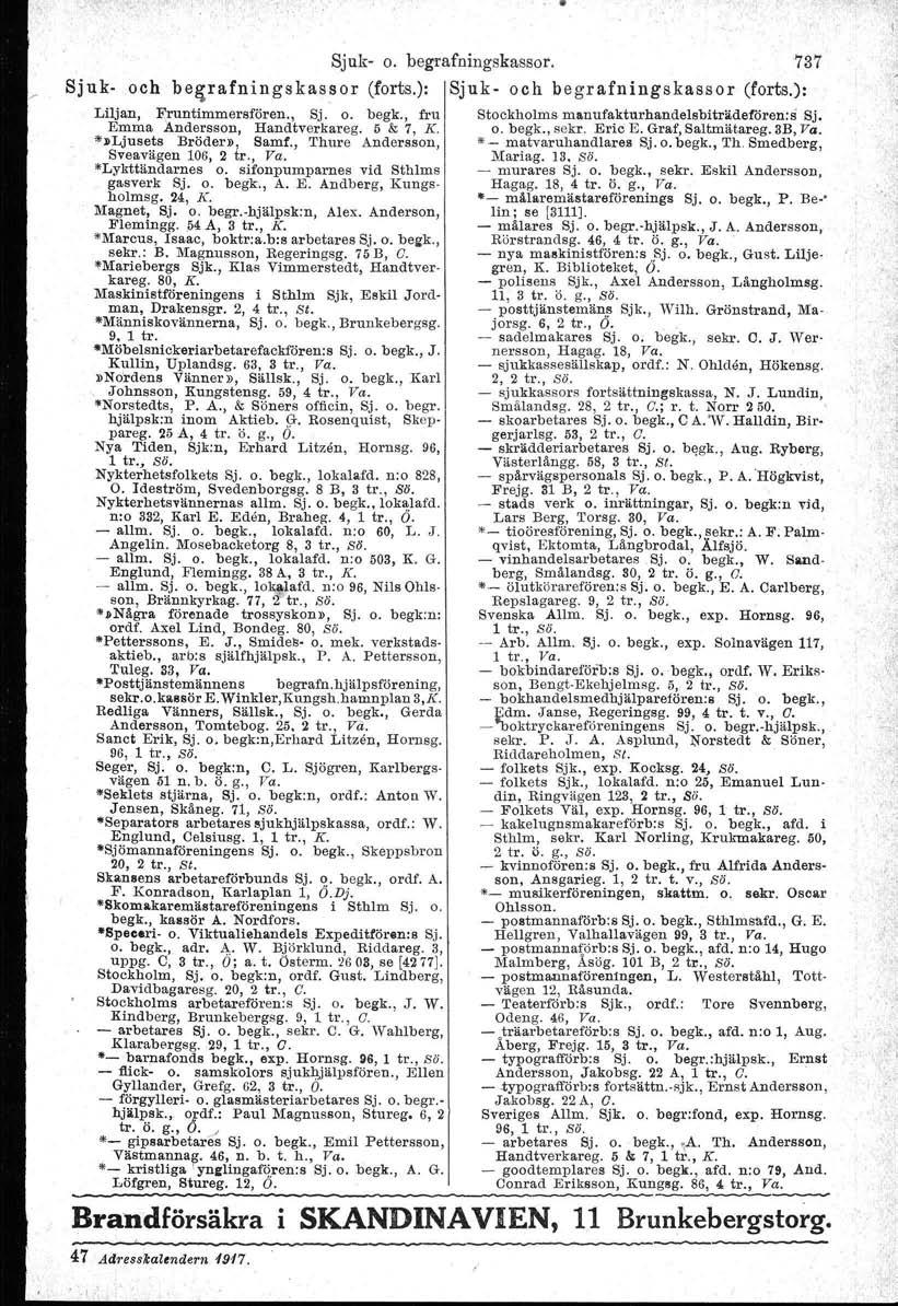 Sjuk- o. begrafuingskassor. 737 Sjuk- och be~rafningskassor (forts.): Sjuk- och begrafningskassor (forts.): Liljan, Fruntimmersfören., Sj. Q. begk., fru Emma Andersson, Handtverkareg. 5 & 7, K.