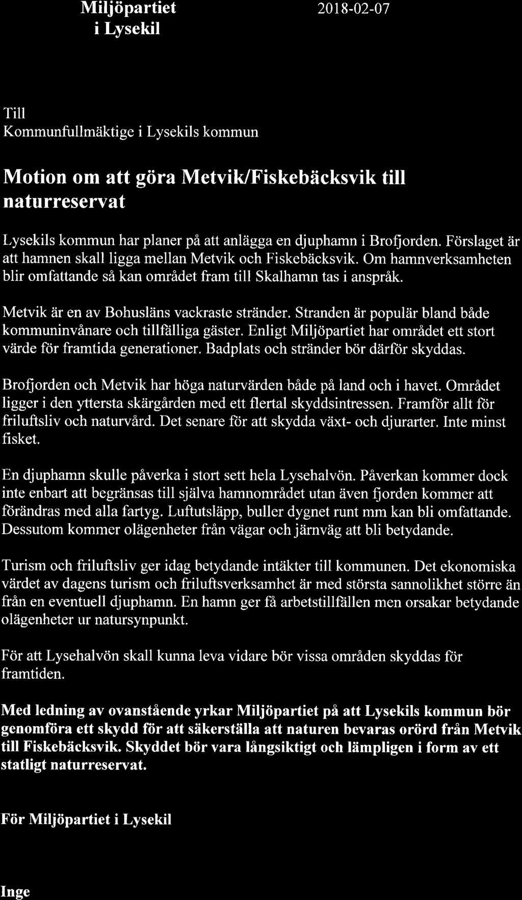 Miljöpartiet i Lysekil 20t8-02-07 LYSËK LS KCMMUN Registraturen L KJ 20t8-02- 0 s oor.