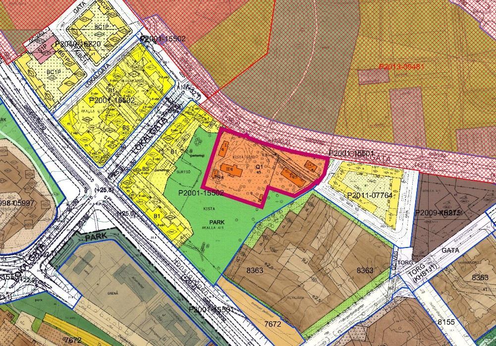 Därutöver tillåts kontor och bostäder i en mindre del som komplement. Gällande detaljplaner. Kista gård 1 och 2 är markerade med rosa.