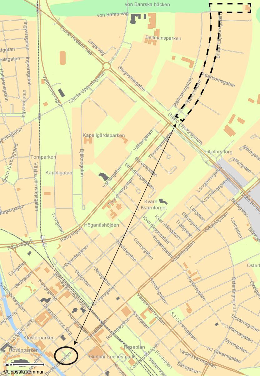 - Lokaler för verksamhet - Parkering - Förskoletomt Planområdets lokalisering i staden. Planområdet är markerat med streckad linje.