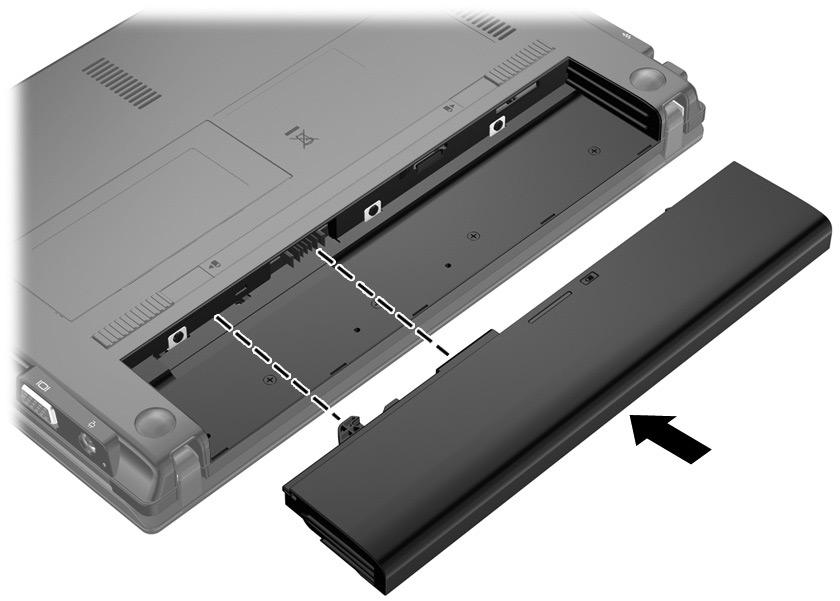 Grundläggande installation 2 Sätt i batteriet VARNING Minska risken för säkerhetsproblem genom att bara använda den Å nätadapter eller det batteri som medföljde datorn, en reservnätadapter eller ett