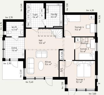 kundanpassas Elementlängd 8500 mm Elementhöjd 3100mm Platta på mark Takstolar