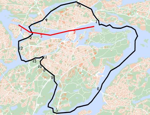 8 Karta över Innerstads- och Saltsjö-Mälarsnittet SÖDRA INNERSTADSSNITTE 1. Danviksbron 2. Skansbron 3. Skanstullsbron 4. Liljeholmsbron 5. Mariebergsbron NORRA INNERSTADSSNITTE 6.