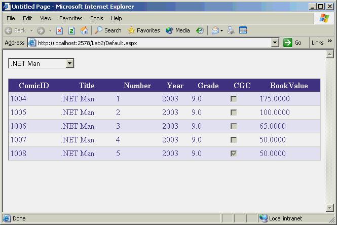 8 f. Stäng webbläsaren och återvänd till Visual Studio. 4. snygga till GridView-ns utseende a. Öppna Default.aspx i Design view. b.