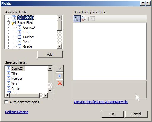 I properties fältet till höger, ange ComicID HeaderText egenskap till Comic ID och dess Visible egenskap till false. d. Välj Title i Selected Fields.