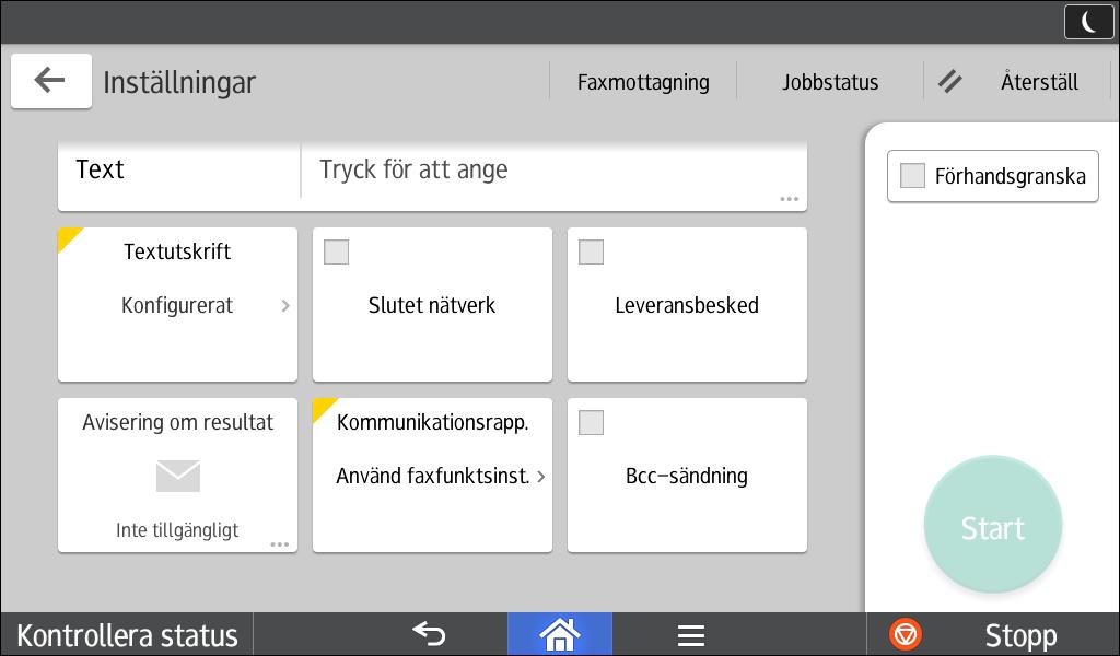 2. Komma igång Nr. Ikon Beskrivning 11 Ange text i Internetfax/e-postmeddelande. 12 13 14 15 16 17 SV DRT225 Nr. Ikon Beskrivning 12 Du kan välja att skriva ut ett standardmeddelande.