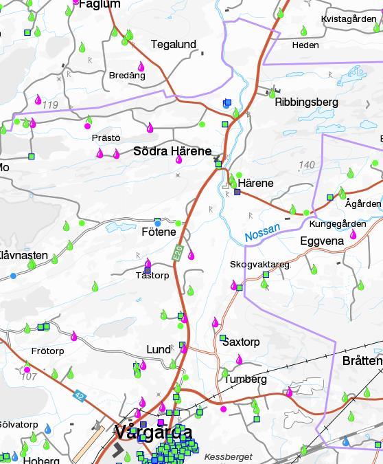 Figur 14. Kartbild över enskilda brunnar längs med E20, sträckan 20. 6.2 Riskanalys Den risk som beaktas avseende påverkan på naturmiljö är transporter med farligt gods, se avsnitt 4.3.