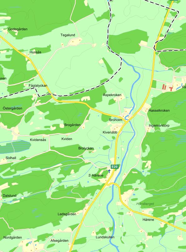 Bilaga F Resultat för beräkningar avseende olyckor med påverkan på människa I denna bilaga redovisas kartor över de bostäder som uppskattas finnas på ett avstånd inom cirka 45 meter från E20.