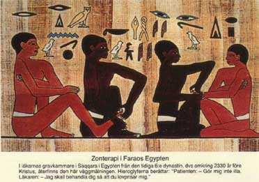 Omvänd handgreppsteknik på egyptiskt vis Om de hade den 3-dimensionella zonterapin är svårt att veta, men att de hade den omvända handgreppstekniken, som lades fram i nutid 1992 är däremot ganska