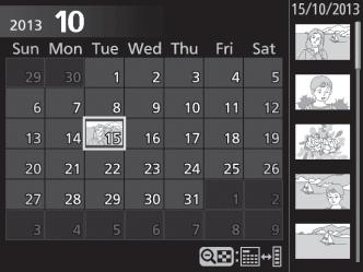 Kalendervisning För att visa bilder tagna på ett valt datum (kalendervisning), tryck på W (Q)-knappen när 72 bilder visas.