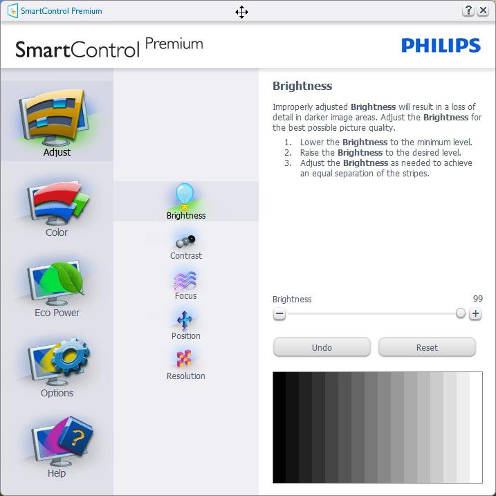 3. Bildoptimering Starta med standardfönster: Adjust menu (Justeringsmeny): I Adjust menu (justeringsmenyn) kan Brightness (ljusstyrka),