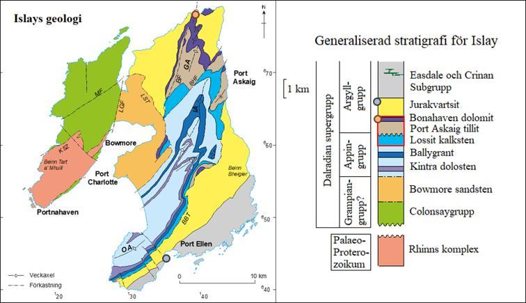 4. Resultat Den röda punkten på den geologiska kartan av Islay samt stratigrafikolumnen i figur 4 symboliserar studieområdet för eventuella pseudomorfer av aragonit i BDF.