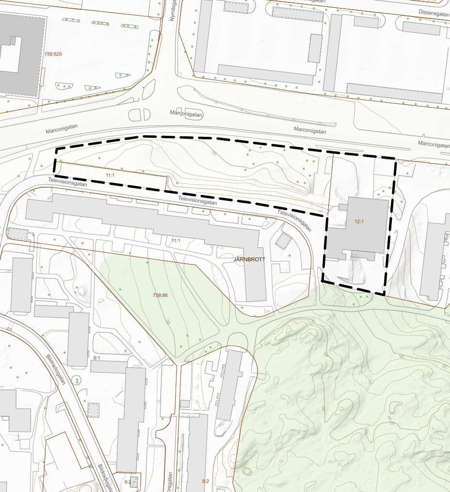 Detaljkarta Svart streckad linje anger område föreslaget för detaljplan Röd markering anger område för markanvisning via