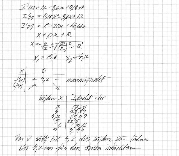 Metodval och genomförande Matematiskt resonemang Kvalitativa nivåer X 1/0 X 1/1 X 1/0 Redovisning och matematiskt språk X 0/0 Summa 3/1 Poäng Motiveringar Kommentar: Eleven gör ett algebraiskt fel i