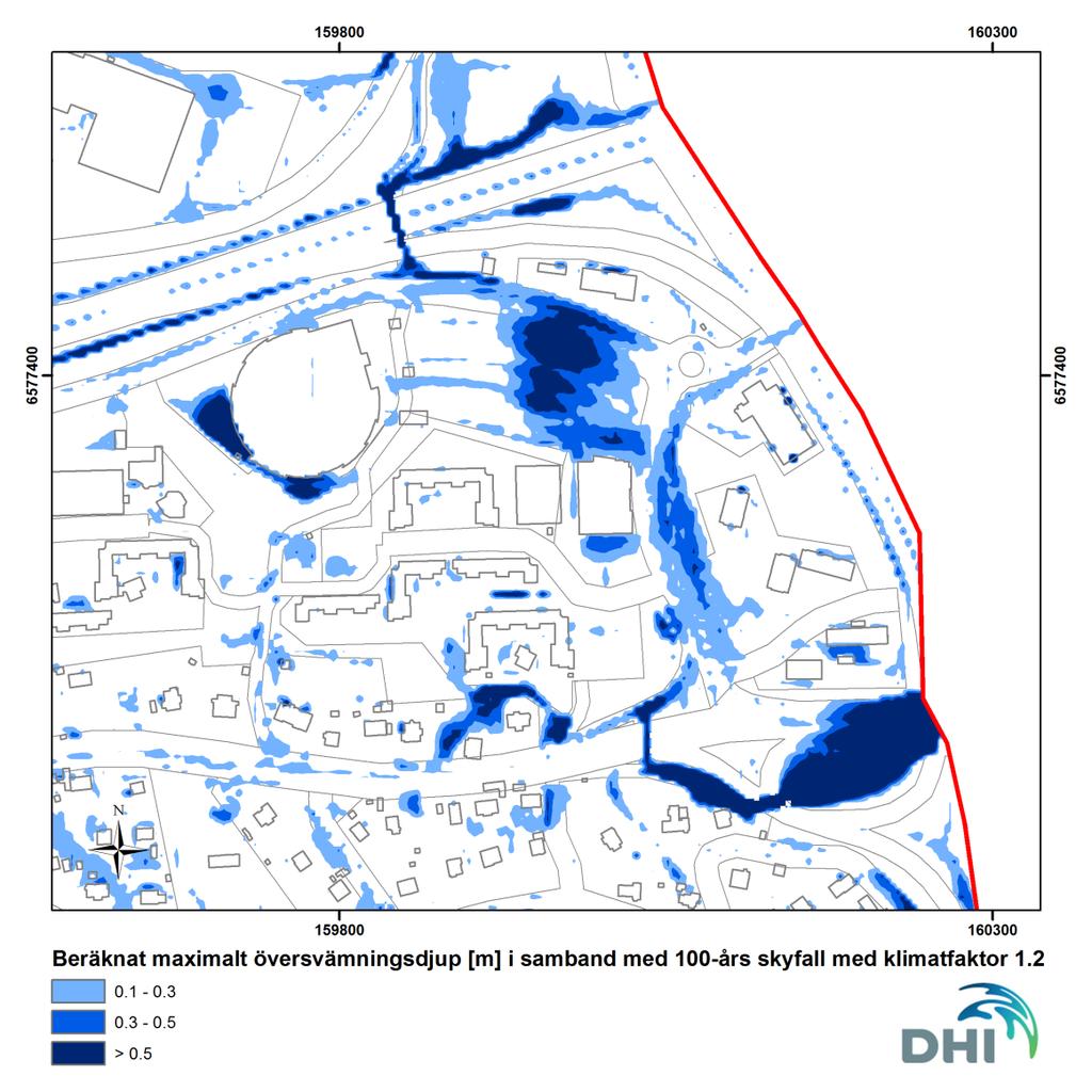 Figur 13 Beräknat maximalt översvämningsdjup vid