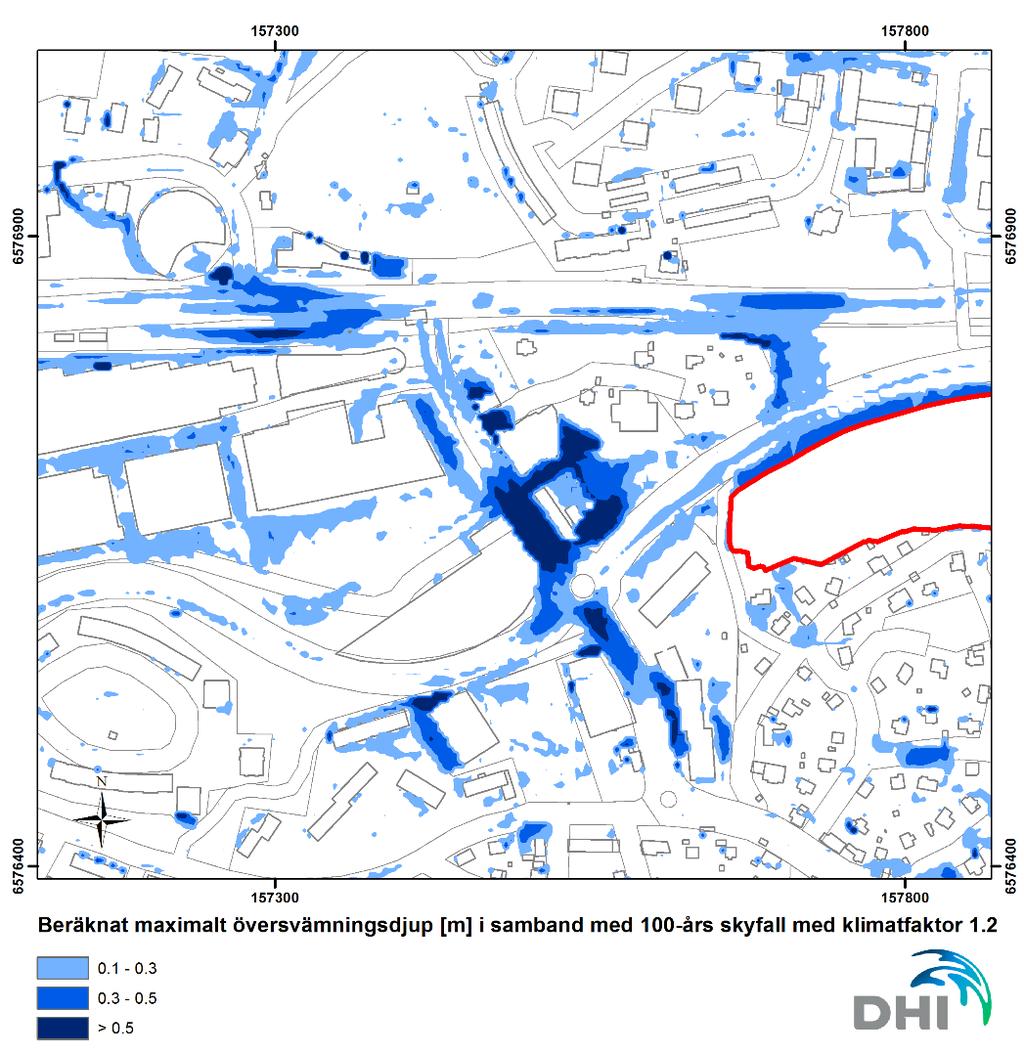 Figur 16 Beräknat maximalt översvämningsdjup vid 100-årsregn med