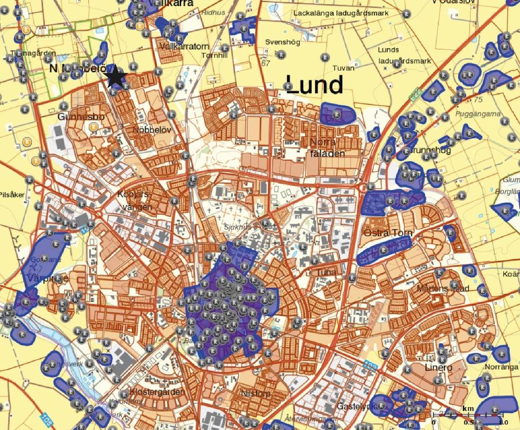 Figur 1. Utdrag från FMIS. Översikt över Lund och området strax norr därom. Platsen för undersökningen, Norra Nöbbelövs bytomt (Norra Nöbbelöv 24:1), är markerad med en svart stjärna.