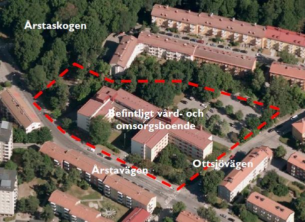 4(17) Figur 3. Flygbild över planområdet. Planområdet är grovt markerat med en röd streckad linje. Planområdet ligger längs Årstavägen i stadsdelen Årsta och är ca 10 000 kvm.