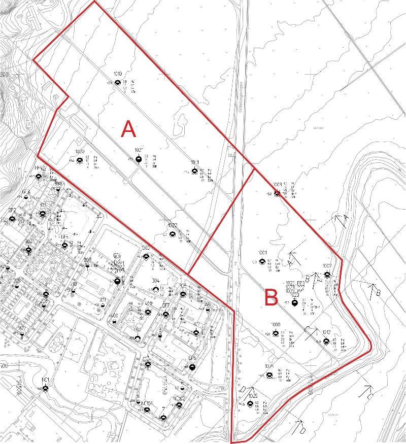 n:\14\29\142972\5 arbetsmaterial\1 dokument\g\beskr pm\pm\pm_216112.docx 7 (26) Figur 5.1 Plan med delområde A och B, Björkris, etapp 2, Kungsbacka. 5.2 Topografi och erosion Område A För detaljer avseende topografi, se ritning G11 i MUR/Geo angiven i kapitel 3.