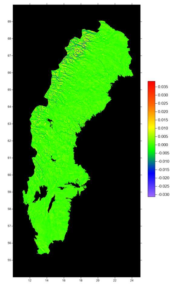 Förbättring av att använda samplingsintervallet 0.01x0.02 jämfört med 0.02x0.04 grader Figuren visar skillnaden mellan att använda 0.01x0.02 grader jämfört med 0.