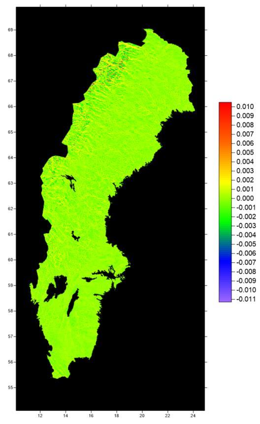 Förbättring av att använda bikubiska splines jämfört med bilinjär interpolation Figuren visar skillnaden mellan att interpolera i SWEN17_RH2000 med bikubiska splines och bilinjär interpolation.