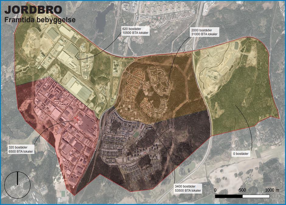 8 4 Jordbro Jordbro ligger strax söder om Handen och byggdes ut på 1960- och 70-talet med en tydlig uppdelning av området: företagspark väster om Nynäsbanan och bostadsområden i öster.