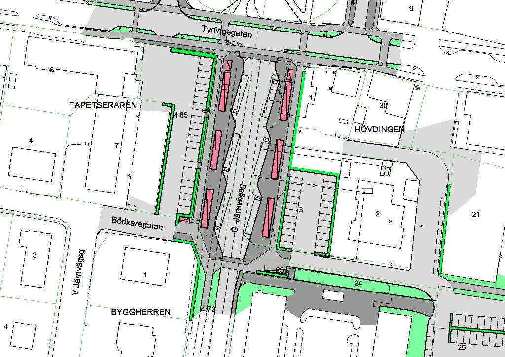 3 NY BUSSTATION LÄNGS ÖSTRA JÄRNVÄGSGATAN Alternativet med ny busstation längs Östra Järnvägsgatan, söder om Tydingegatan, har sedan tidigare utretts och förprojekterats.