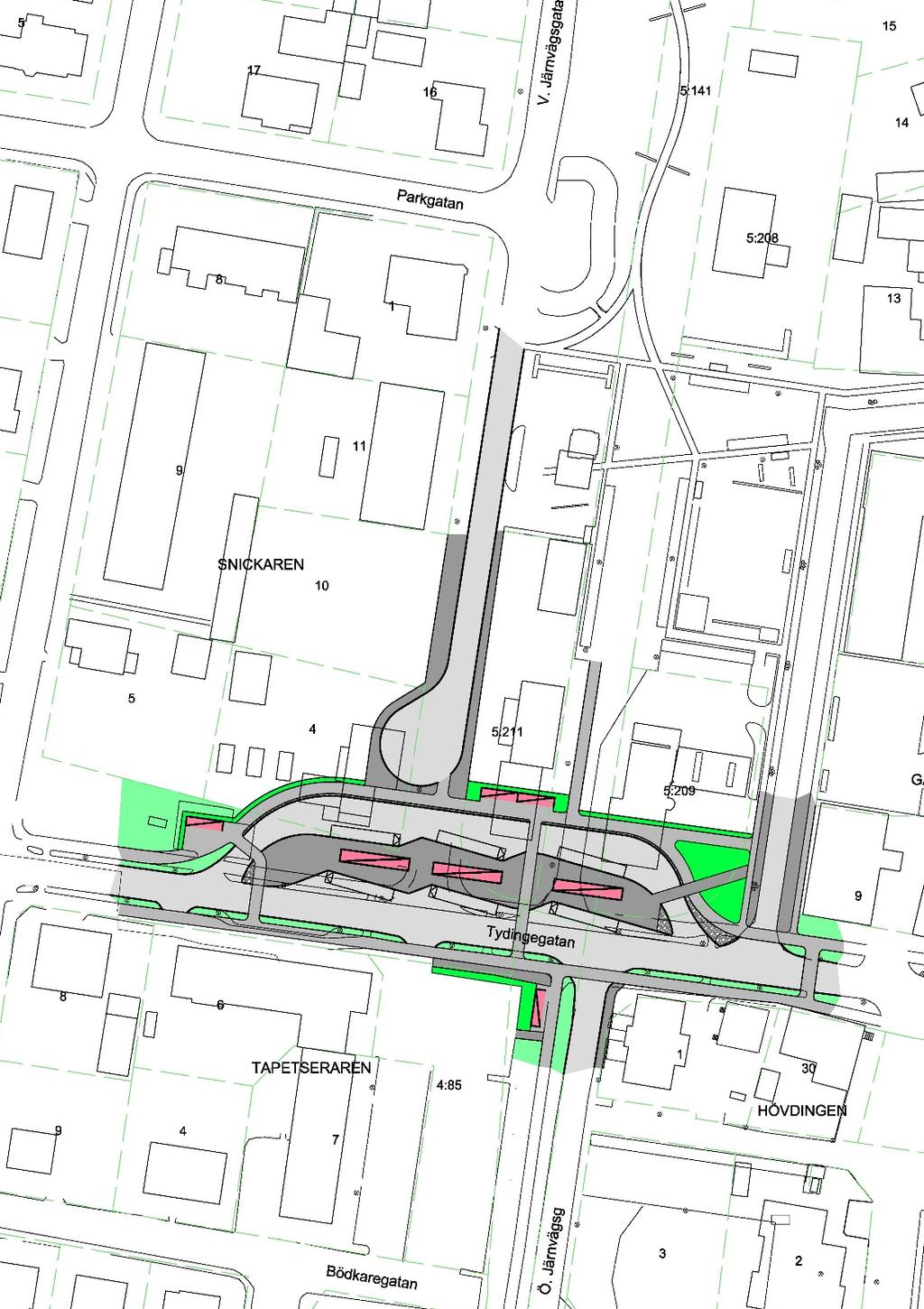 5 NY BUSSTATION LÄNGS TYDINGAGATAN I detta alternativ anläggs en ny busstation längs Tydingegatan.