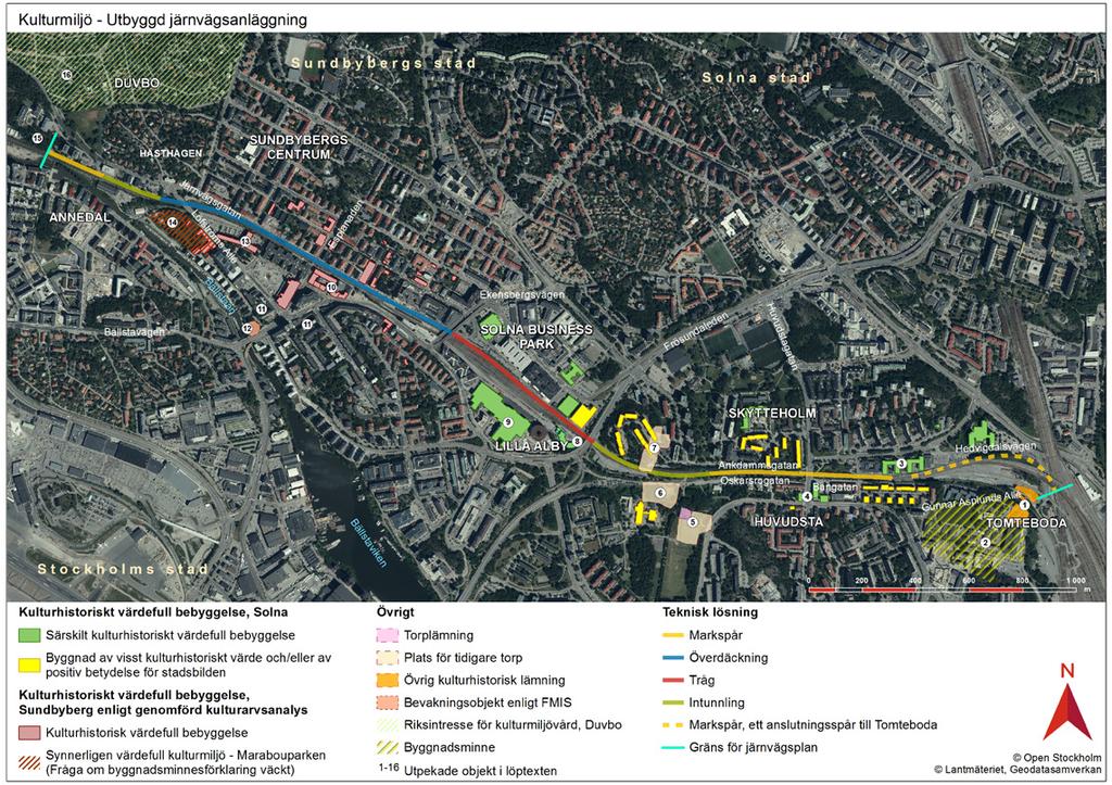 Figur 43. Översiktlig karta som visar den utbyggda järnvägsanläggningen i förhållande till kulturmiljövärden.