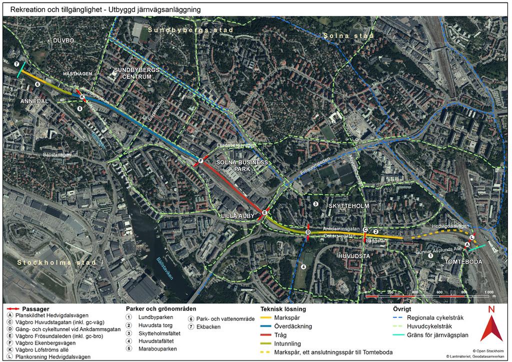 Figur 61. Karta som visar parker, grönområden, cykelstråk utmed aktuell sträcka samt de passagemöjligheter som kommer att finnas utmed den utbyggda anläggningen.