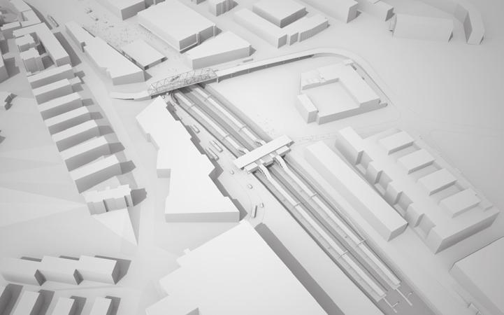 3. UTBYGGNADSFÖRSLAGET I tråget anläggs en ny järnvägsstation (Sundbyberg station) med två mittplattformar.