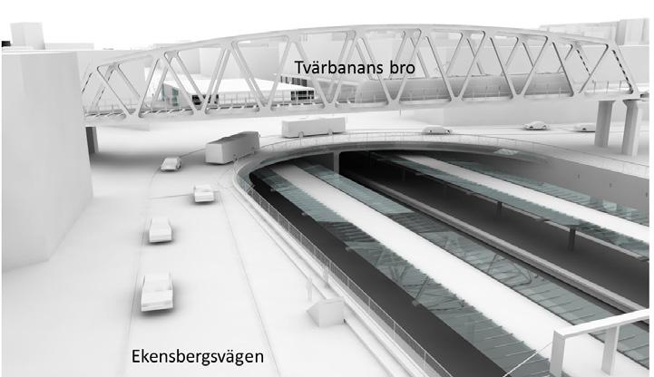 3. UTBYGGNADSFÖRSLAGET 3.1.5 Sundbybergstunneln Från tvärbanans bro och fram till Duvbo förläggs spåren i tunnel under mark (överdäckning), se Figur 12.