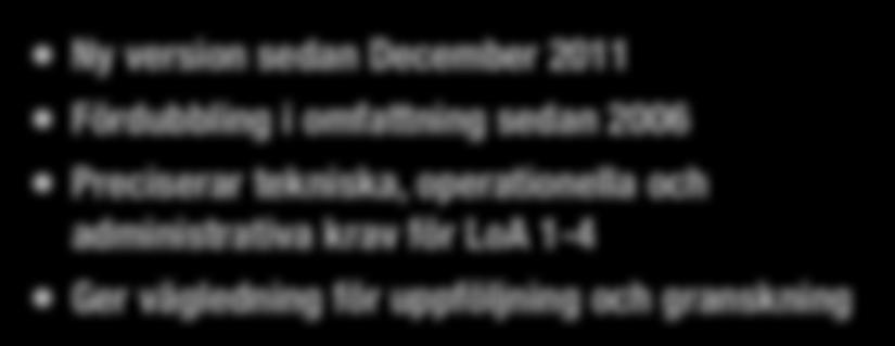 Säkerhetsegenskaper omvärldsutblick, USA 2011: NIST SP 800-63-1 Ny version sedan December 2011 Fördubbling i omfattning