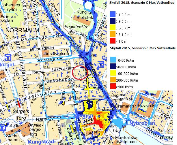 2018-12-21 s 18 (24) Figur 7. Stockholm Stads skyfallskartering. Planområdet markerat med röd ring.
