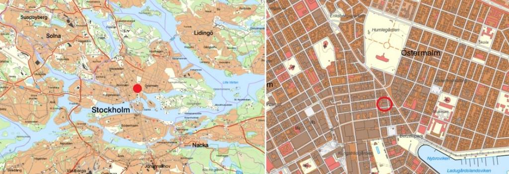 2018-12-21 s 7 (24) 2. OMRÅDESBESKRIVNING Aktuellt område ligger i centrala Stockholm vid korsningen Biblioteksgatan- /Jakobsbergsgatan på Östermalm i Stockholms kommun.