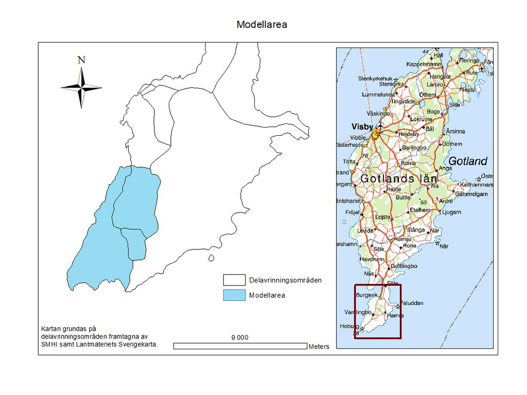 Figur 3: Gotland, Sudret samt modellarean i blått. Modellarea uttagen utifrån SMHIs karta över delavrinningsområden.
