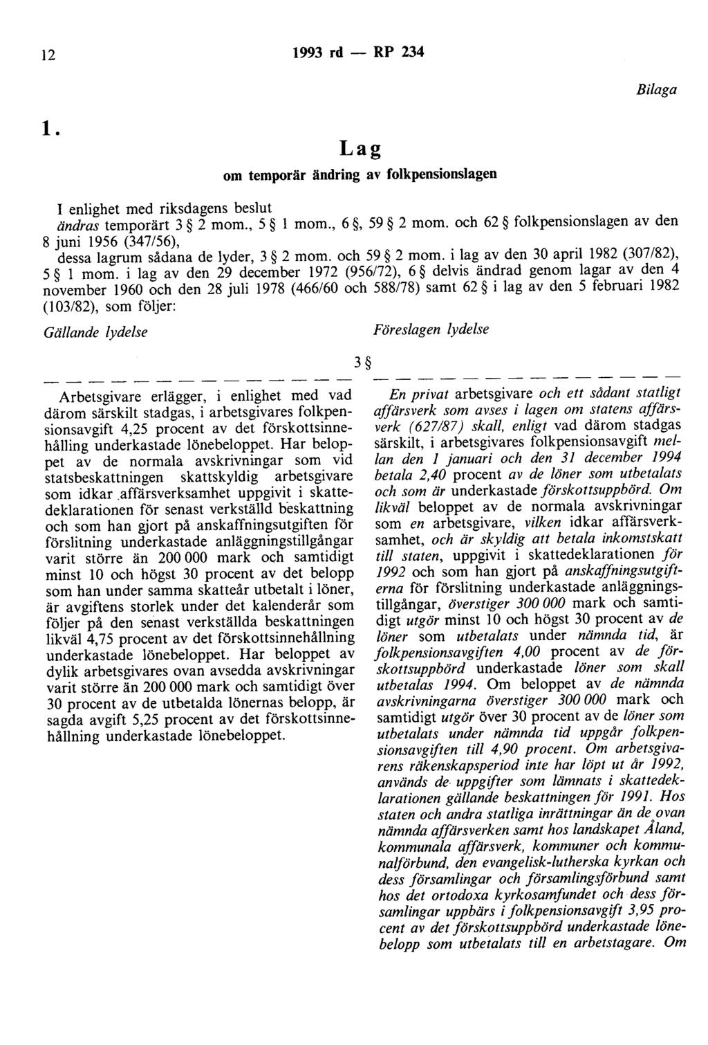 12 1993 rd- RP 234 l. Lag om temporär ändring av folkpensionslagen Bilaga I enlighet med riksdagens beslut ändras temporärt 3 2 m om., 5 l mom., 6, 59 2 mom.