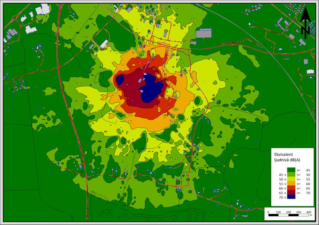 Resultatet redovisas som nedan som bullerutbredningskartor samt som en tabell med