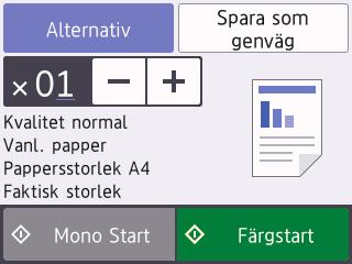 4 Kopiering Kopiera ett dokument Se till så att du fyllt på rätt pappersformat i pappersfacket. Tryck på för att tillfälligt ändra kopieringsinställningarna för nästa kopia.