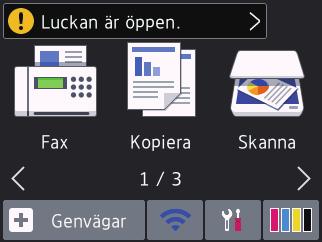 6. [Bläck] Visar ungefärlig tillgänglig bläckvolym. Tryck för att öppna menyn [Bläck]. När en bläckpatron håller på att ta slut eller om det är något fel på den visas en felikon på bläckfärgen. 7.