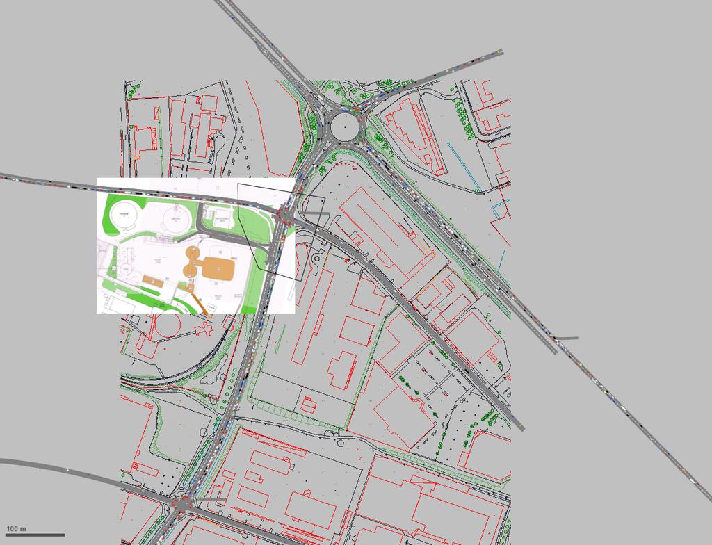 5.3 PROGNOSÅR 2050 Figur 5-7 Simulering prognosåret 2050. Med trafik till och från anläggningen uppstod inga köer vid A eller B. Vid C kan det uppstå att ett fordon måste stanna för utgående fordon.